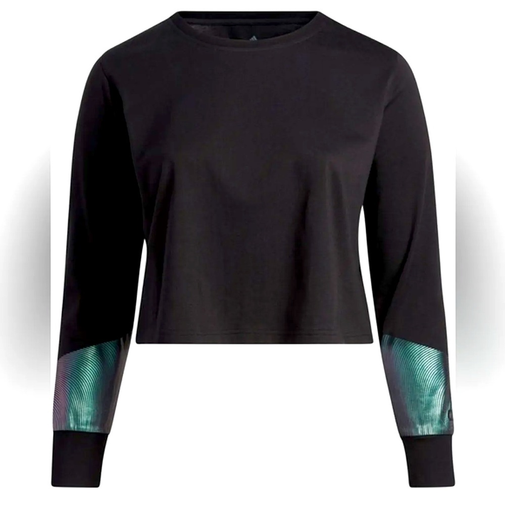 Adidas black long sleeve crop top with green holographic patches